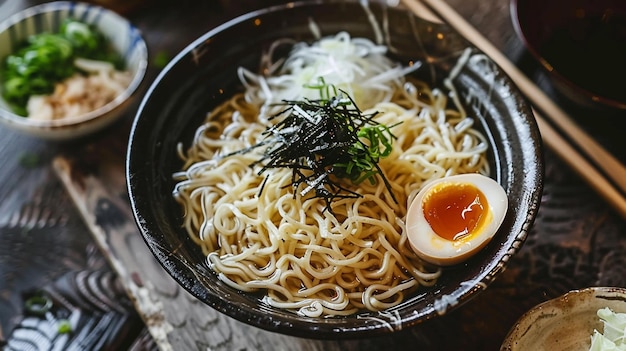 Photo a bowl of ramen with an egg and noodles in it