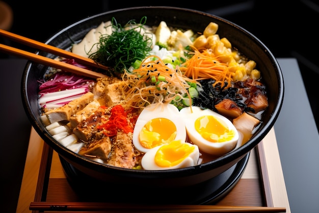 A bowl of ramen with eggs and other ingredients