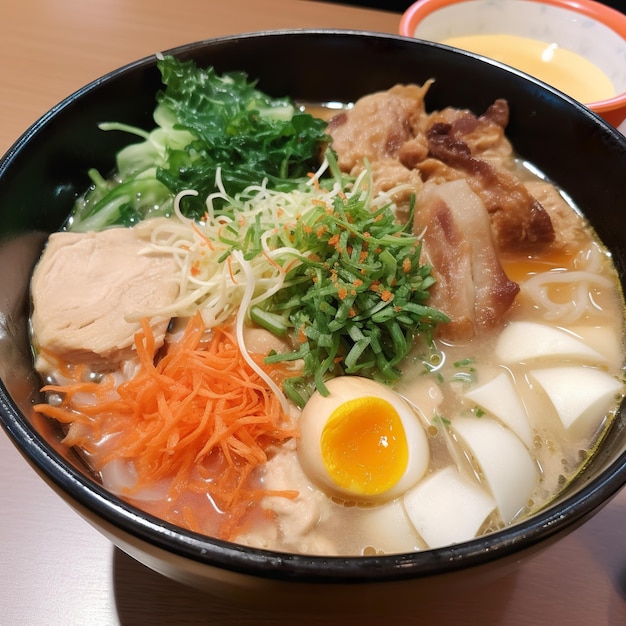 A bowl of ramen with a few pieces of meat, including chicken, bacon, and egg.