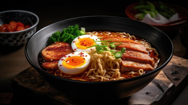 A bowl of ramen with a fried egg and a few slices of meat