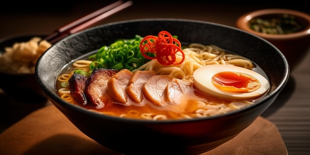 A bowl of ramen with a fried egg and a red sauce.