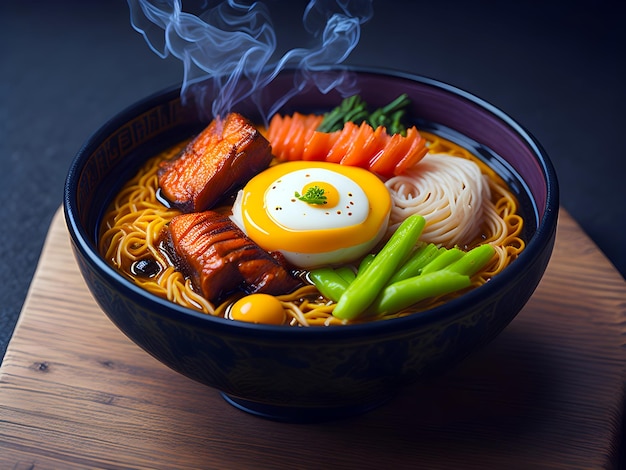 A bowl of ramen with a green vegetable egg beef on the top