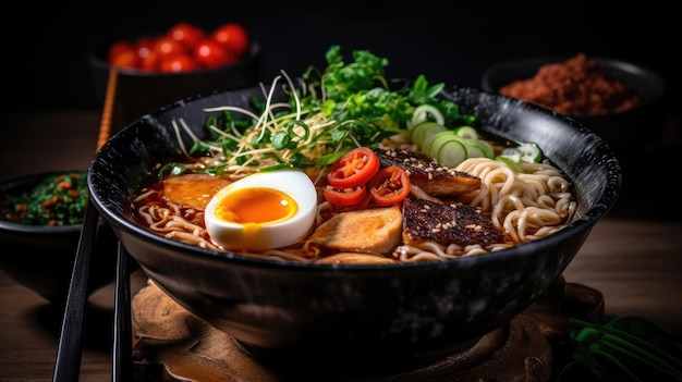 A bowl of ramen with a hard boiled egg on the side