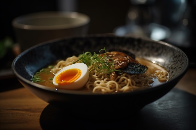 A bowl of ramen with a hard boiled egg on top