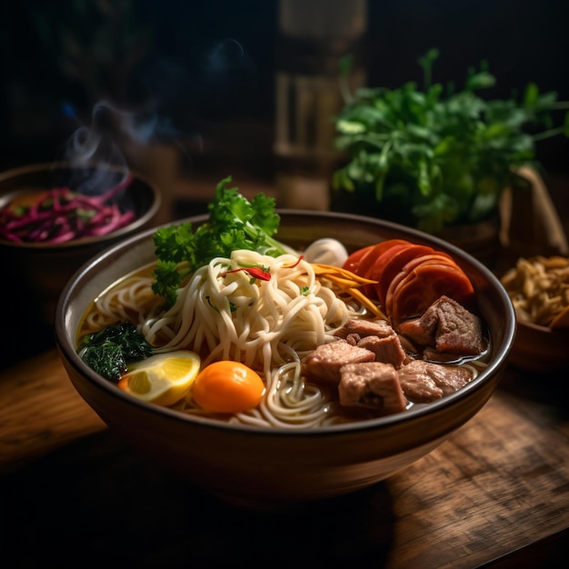 A bowl of ramen with meat, noodles, and vegetables.