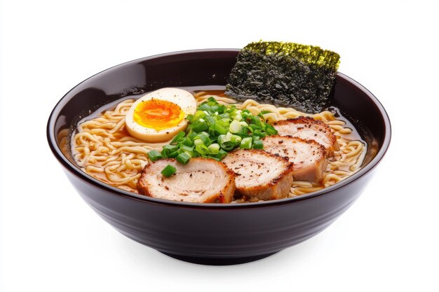 Photo bowl of ramen with pork and egg isolated on a white background