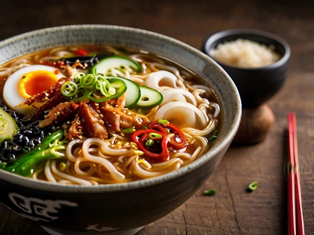 A bowl of ramen with a red pepper on the side