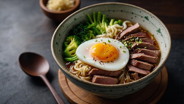 A bowl of ramen with sliced meat halfboiled egg and green vegetables