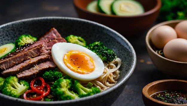 A bowl of ramen with sliced meat halfboiled egg and green vegetables