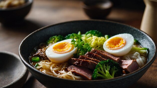 A bowl of ramen with sliced meat halfboiled egg and green vegetables