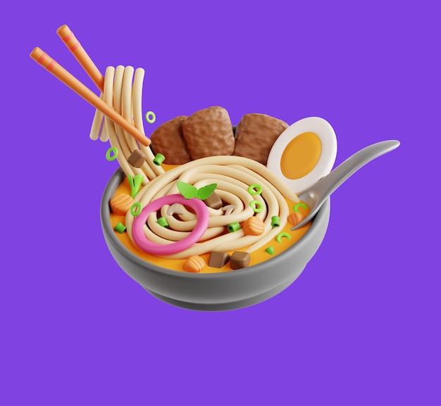 Photo a bowl of ramen with a spoon and a purple background.