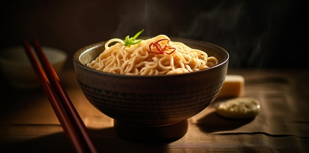 A bowl of ramen with a steam rising from the top.