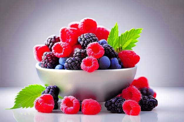 A bowl of raspberries and blueberries with one of them in the background.