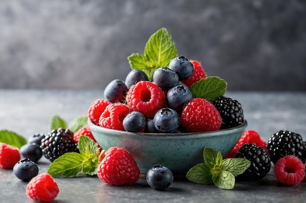 a bowl of raspberries and raspberries with a blueberry in it