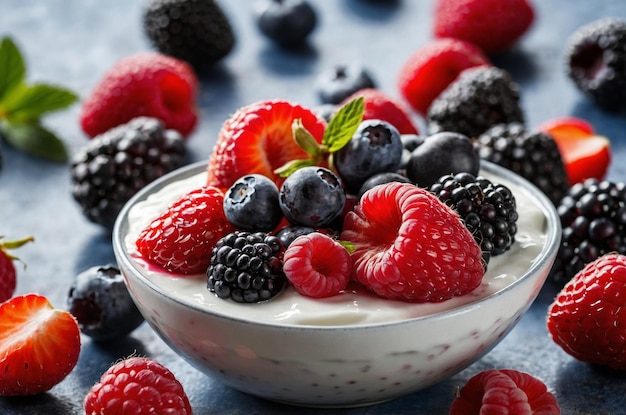 a bowl of raspberries and raspberries with a strawberries in it