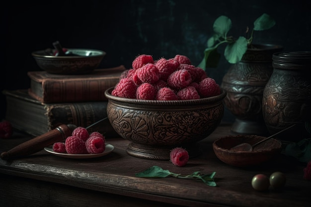 A bowl of raspberries sits on a table with a wooden bowl and a green plant in the background.