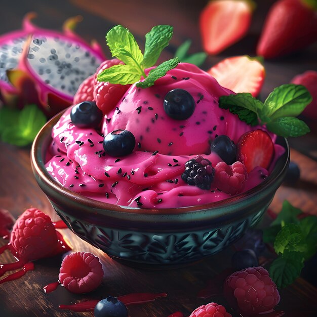 a bowl of raspberries with a bowl of raspberries and a strawberry