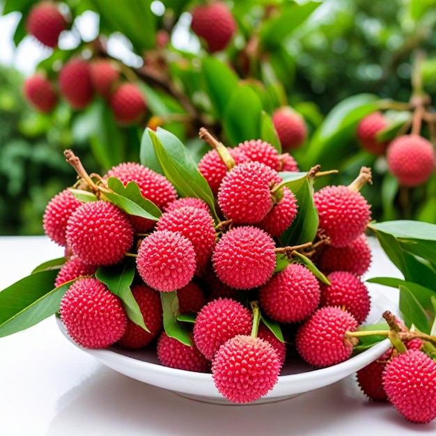 a bowl of raspberries with leaves on the table