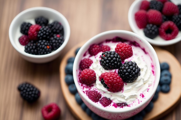 A bowl of raspberry cheesecake with blackberries on top