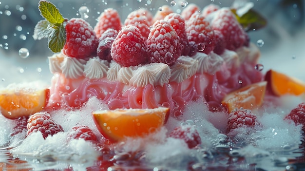 Photo a bowl of raspberry and oranges with ice on top of them