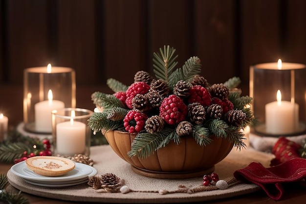 a bowl of raspberry and pine cones with a pine cone on the table