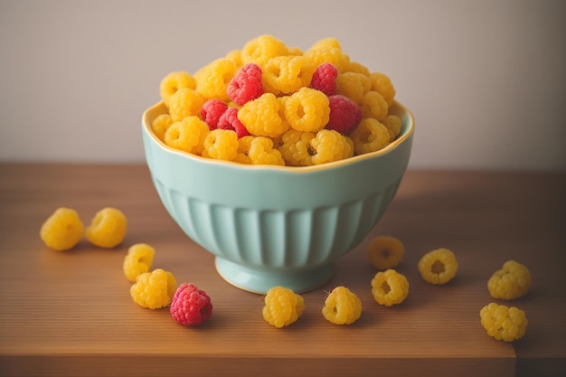 A bowl of raspberry and raspberry snack mix sits on a table.