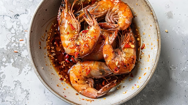 A bowl of raw prawns marinating in a fragrant fish sauce blend infusing the seafood with aromatic spices and herbs for an irresistible burst of flavor perfect for Asianinspired cooking