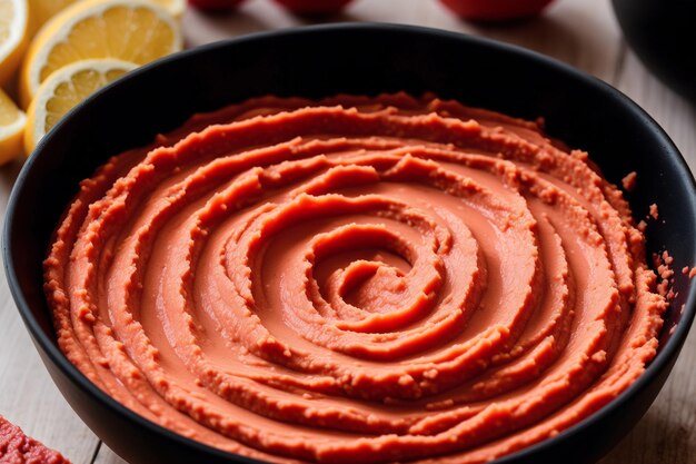 A bowl of red food with a lemon on the side