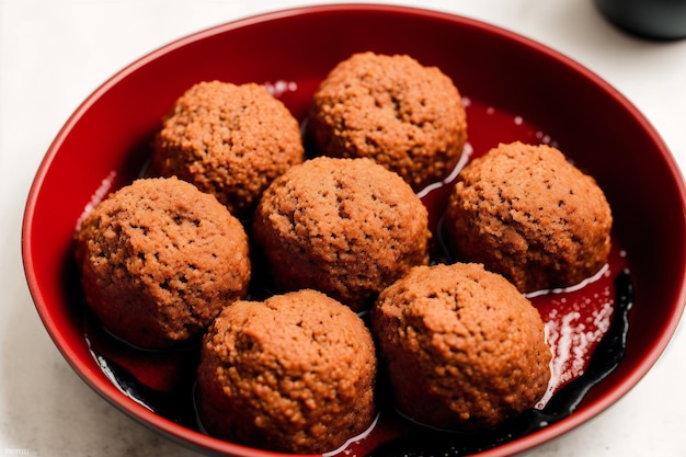 A bowl of red food with the word " meat " on it