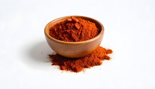 a bowl of red pepper powder isolated on white