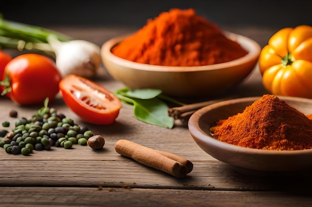 a bowl of red pepper, spices and herbs on a wooden table.