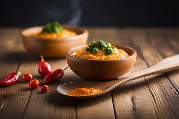 A bowl of red pepper next to a spoon with a spoon with a red pepper next to it.