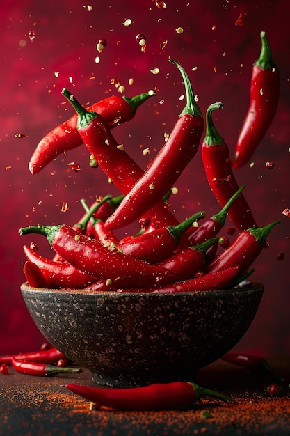 a bowl of red peppers is being sprayed with water