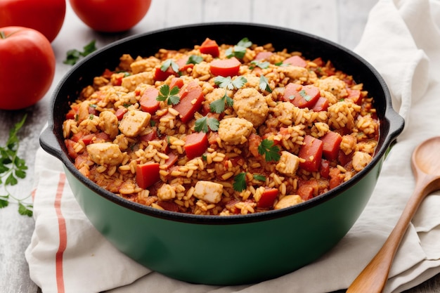 A bowl of red rice with chicken and sausage