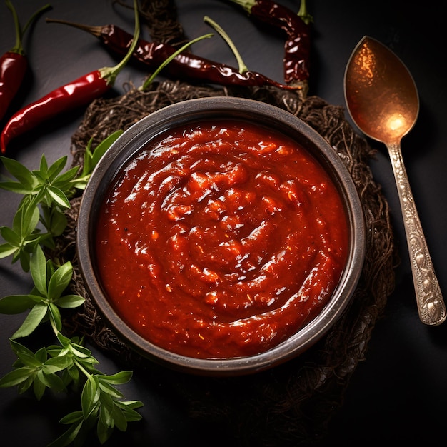 a bowl of red sauce next to chili peppers and a spoon