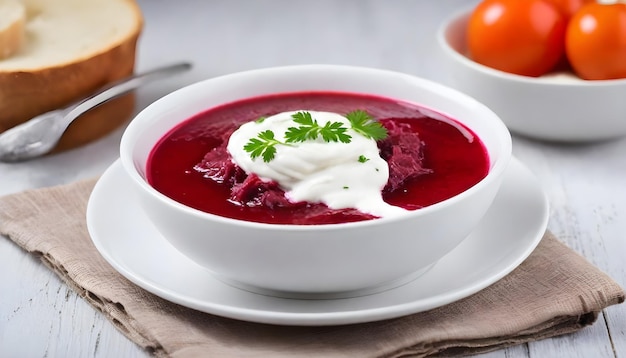 A bowl of red soup garnished with herbs