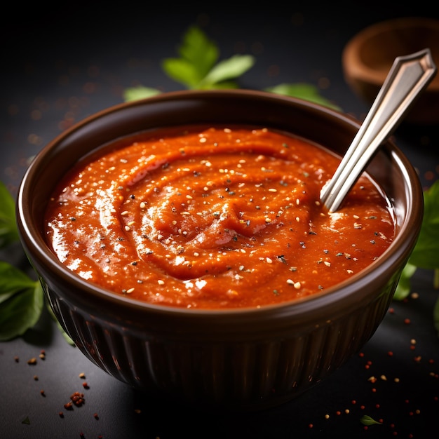 a bowl of red soup with a spoon