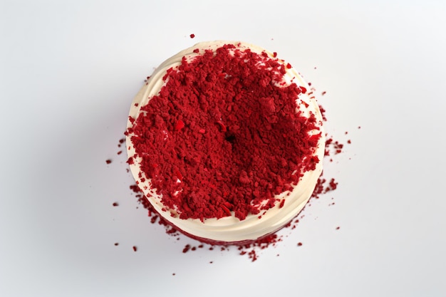 A bowl of red velvet cake with a white frosting.