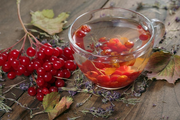 A bowl of red and yellow cranberries with leaves and leaves on a wooden table.