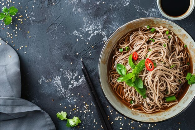 Photo a bowl of refreshing cold soba noodles with dipping sauce copy space for text