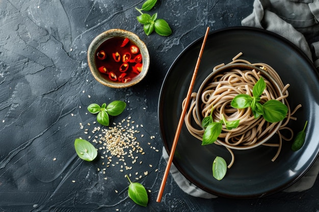 Photo a bowl of refreshing cold soba noodles with dipping sauce copy space for text