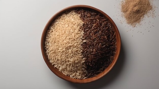 A bowl of rice and brown rice with a brown and white label.