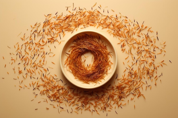 a bowl of rice and grains with a circle of oats in the middle.