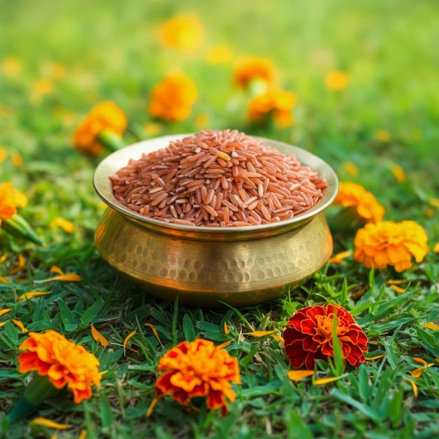 Photo a bowl of rice sits on the grass with flowers in the background