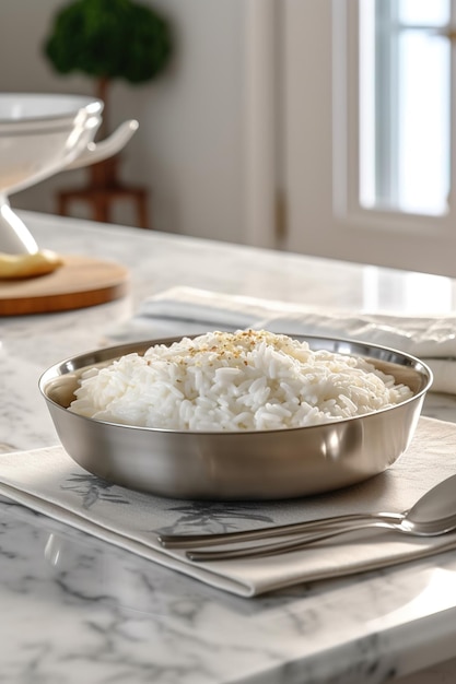 A bowl of rice sits on a kitchen counter with a silver bowl of rice on it.