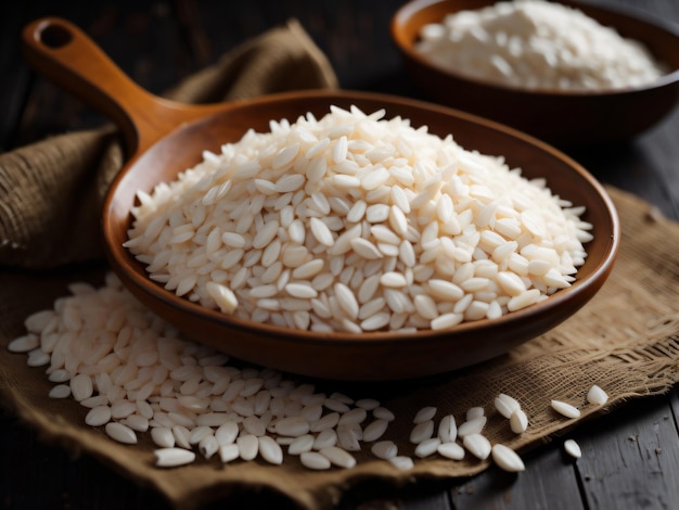 A bowl of rice sits on a table next to a wooden spoon.