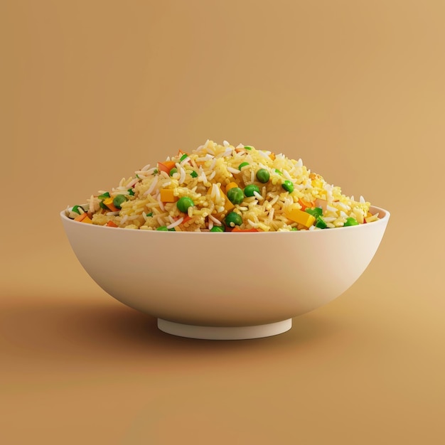 A bowl of rice and vegetables sits on a tan background