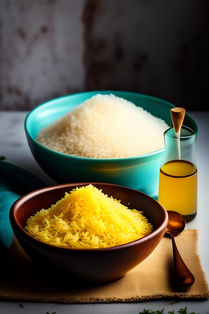 A bowl of rice with a bottle of oil and a bottle of oil.