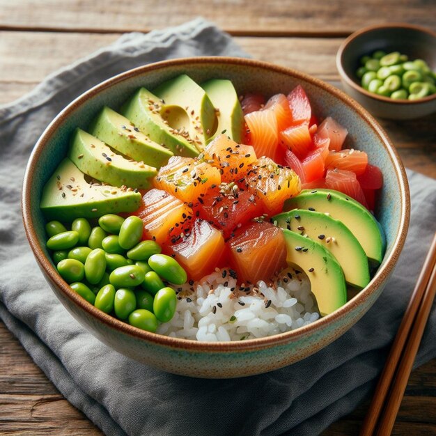 a bowl of rice with a bowl of food and chopsticks