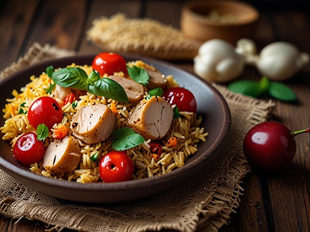 a bowl of rice with a bowl of food on the table